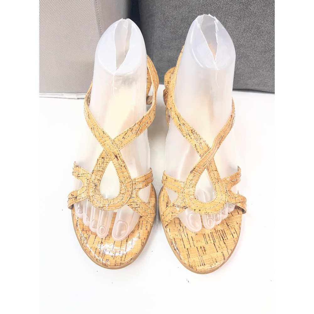 Sofft Womens Cork Wedge Sandals Gold Trim Strappy Ankle Strap Size‎ 8N Tan